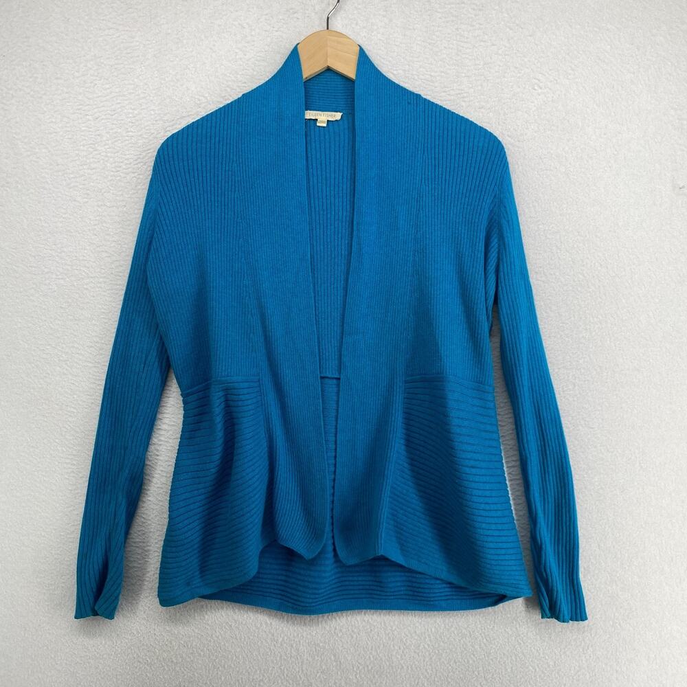 EILEEN FISHER Cardigan XS Organic Cotton Ribbed Open Front Sweater Blue